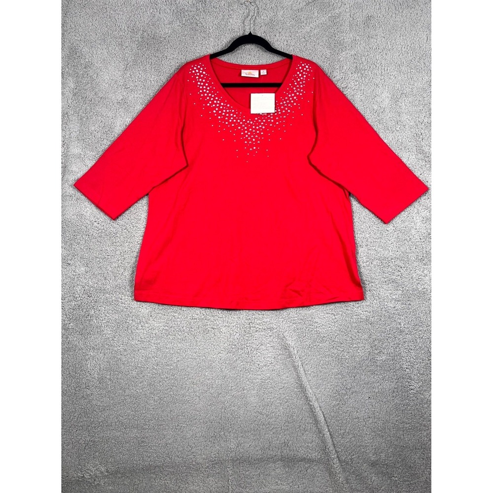 Quacker Factory Blouse Womens 1X Red Rhinestone Cotton Stretch 3/4 Sleeve